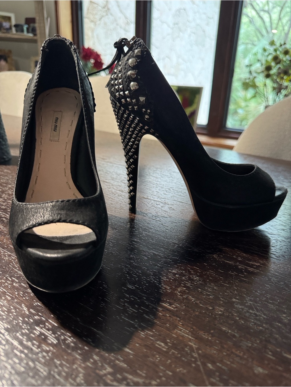 Miu Miu Black Studded Peep-Toe Platform Heels